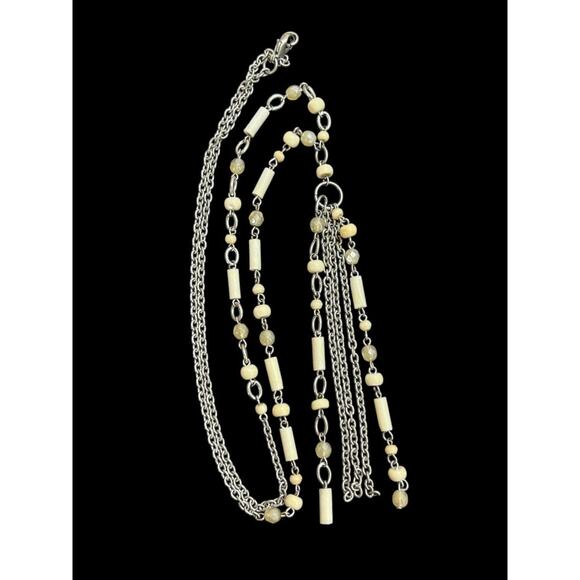 Silvertone Beaded Necklace 34 Inch 5 Inch Drop Cream Beads - Picture 9 of 9